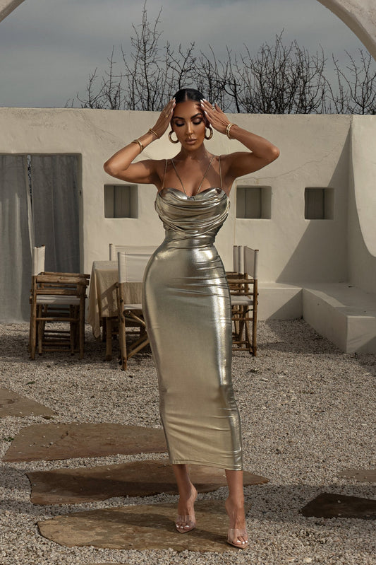 Metallic Strappy Midi Dress