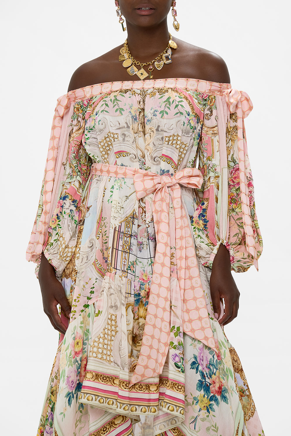 Pink Off - Shoulder High - Low Maxi Dress with Ornate Print