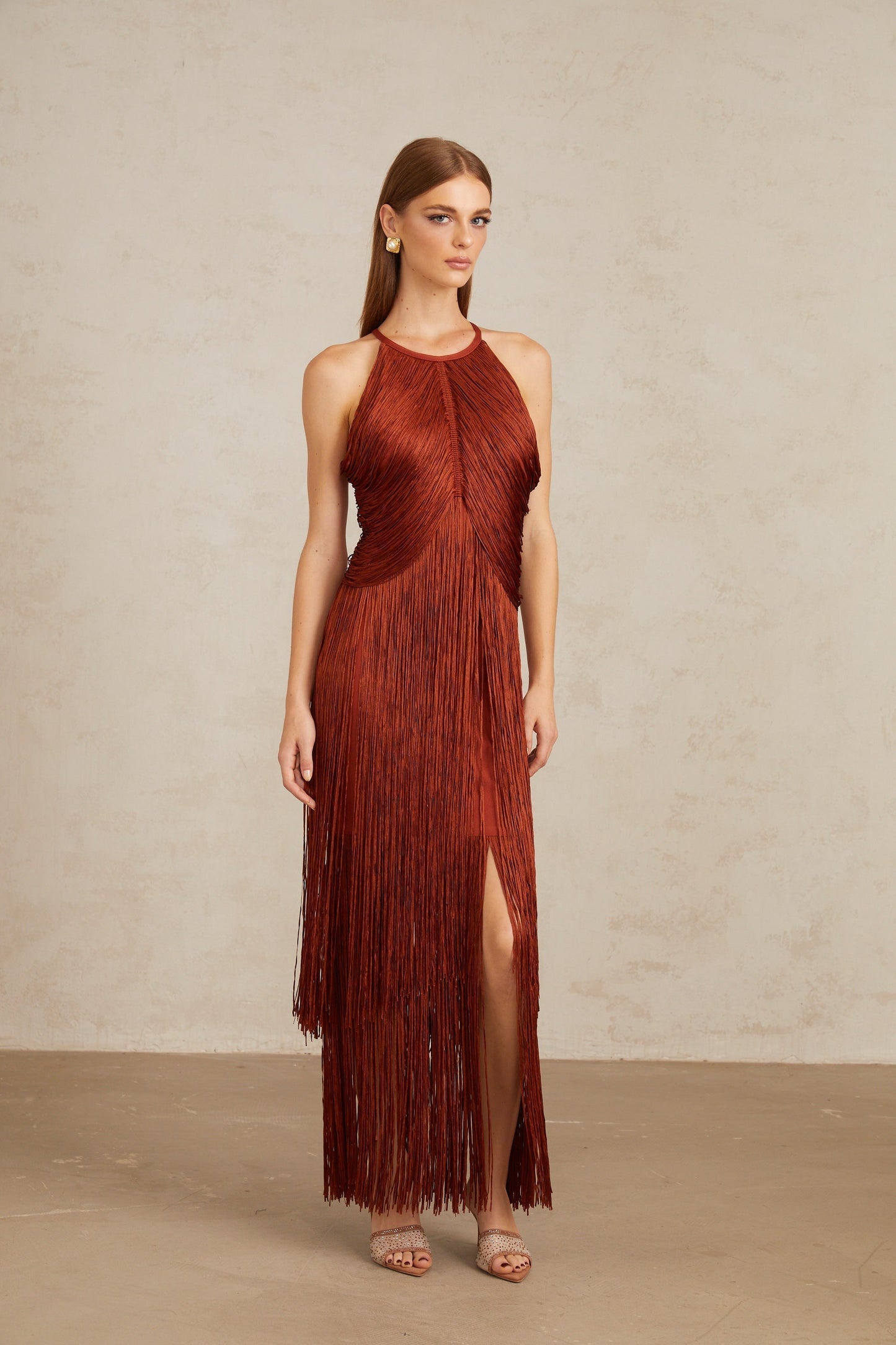 Reddish - Brown Halter Fringe Maxi Dress