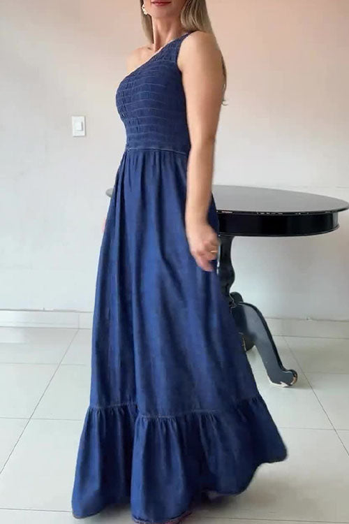 One - Shoulder Smocked Denim Maxi Dress