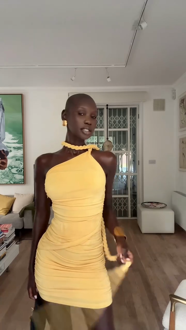 Yellow One - Shoulder Ruched Mini Dress
