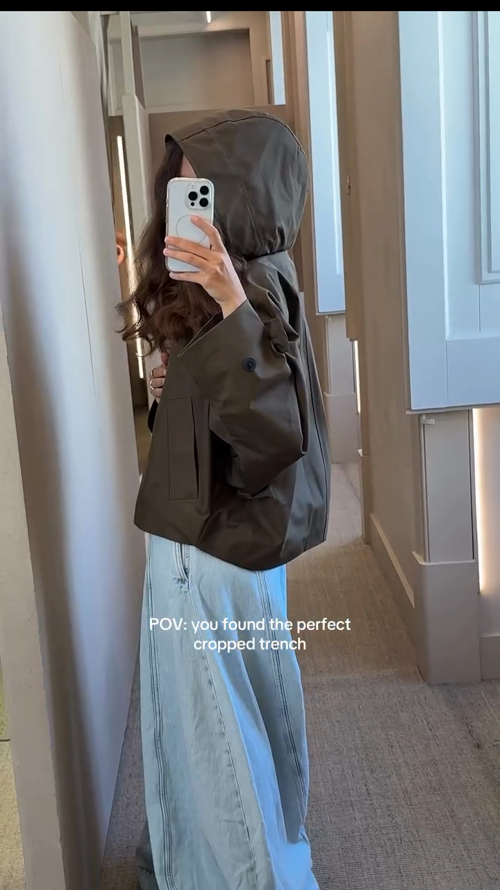 Olive Green Hooded Cropped Trench Coat