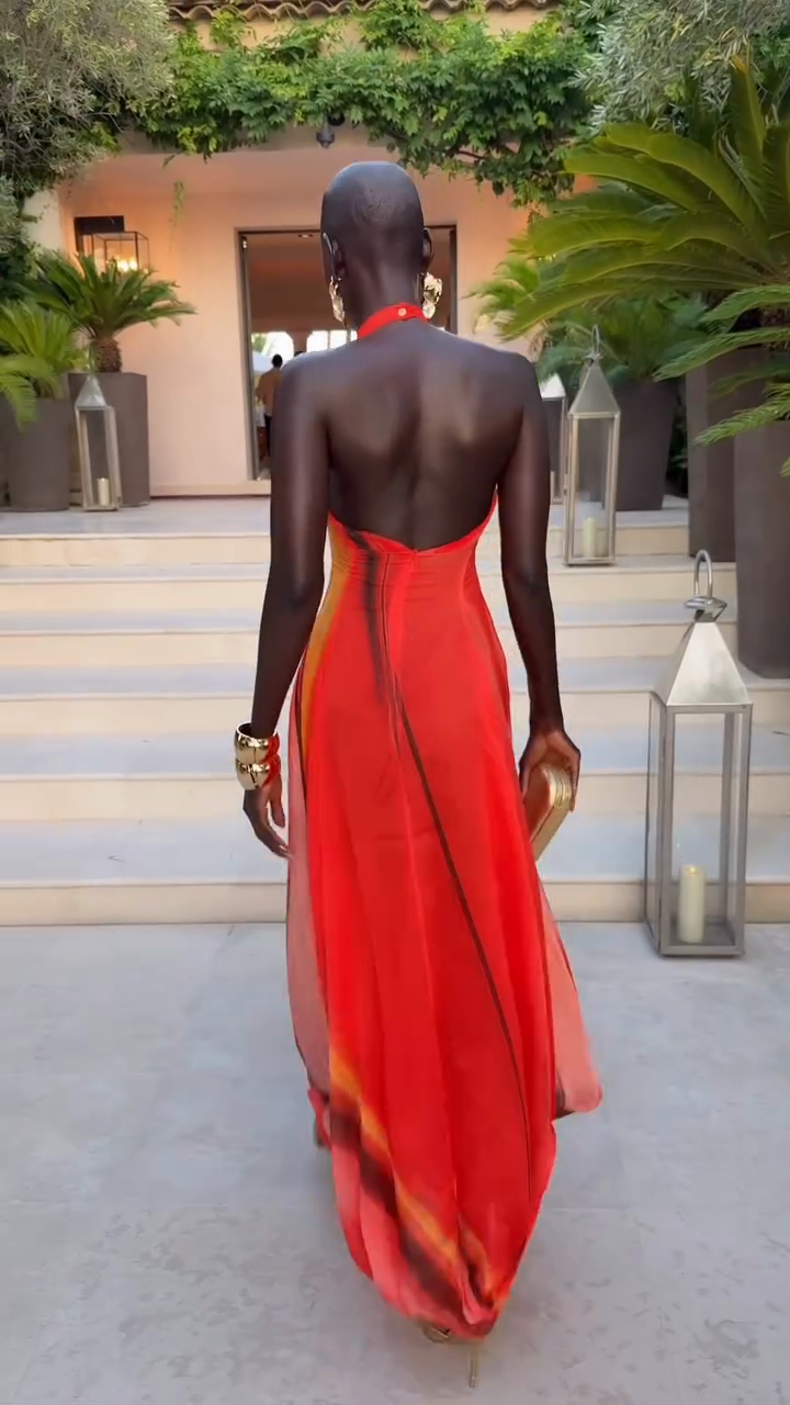 Red Halter Neck Maxi Dress with Abstract Print