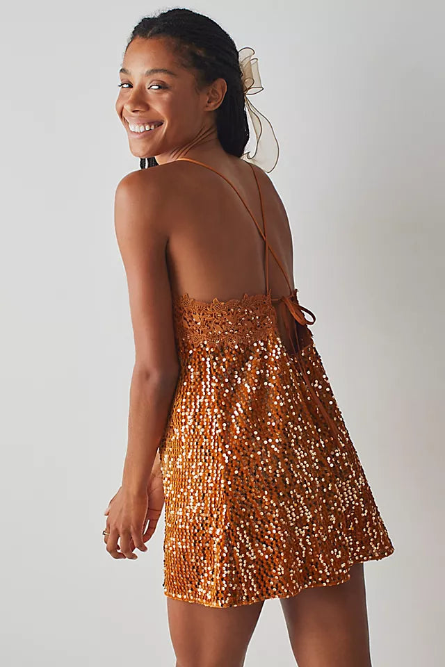 Orange Sequin - Embellished Mini Dress