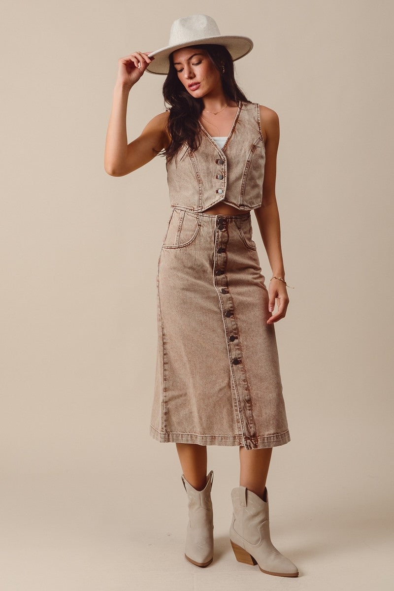 Denim Crop Vest and Midi Skirt Set