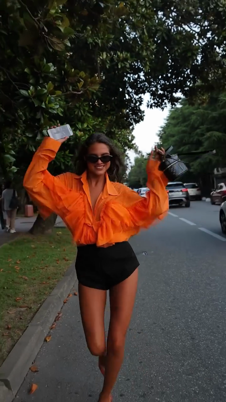 Orange Ruffled Long - sleeve Shirt