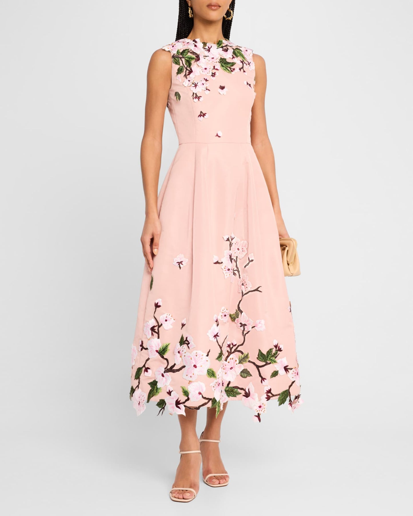 Pink Floral - Embroidered Sleeveless Midi Dress
