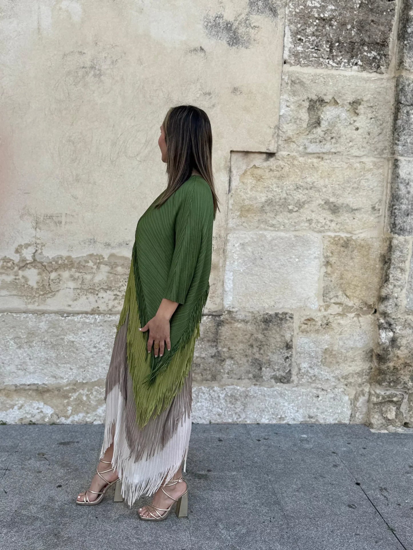 Olive Green Linen Cowl - Neck Dress