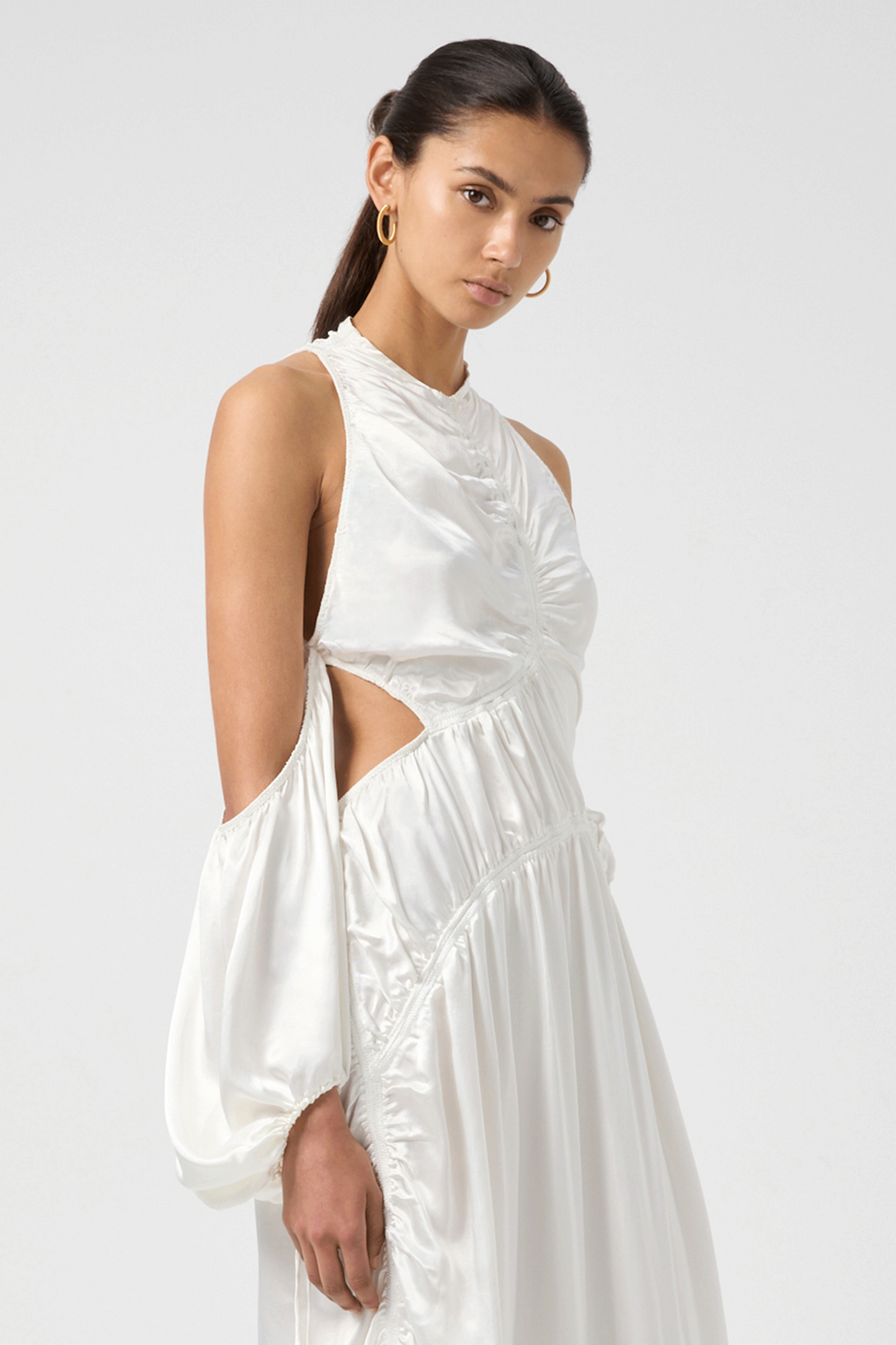 White Satin Open Back Long Sleeve Dress