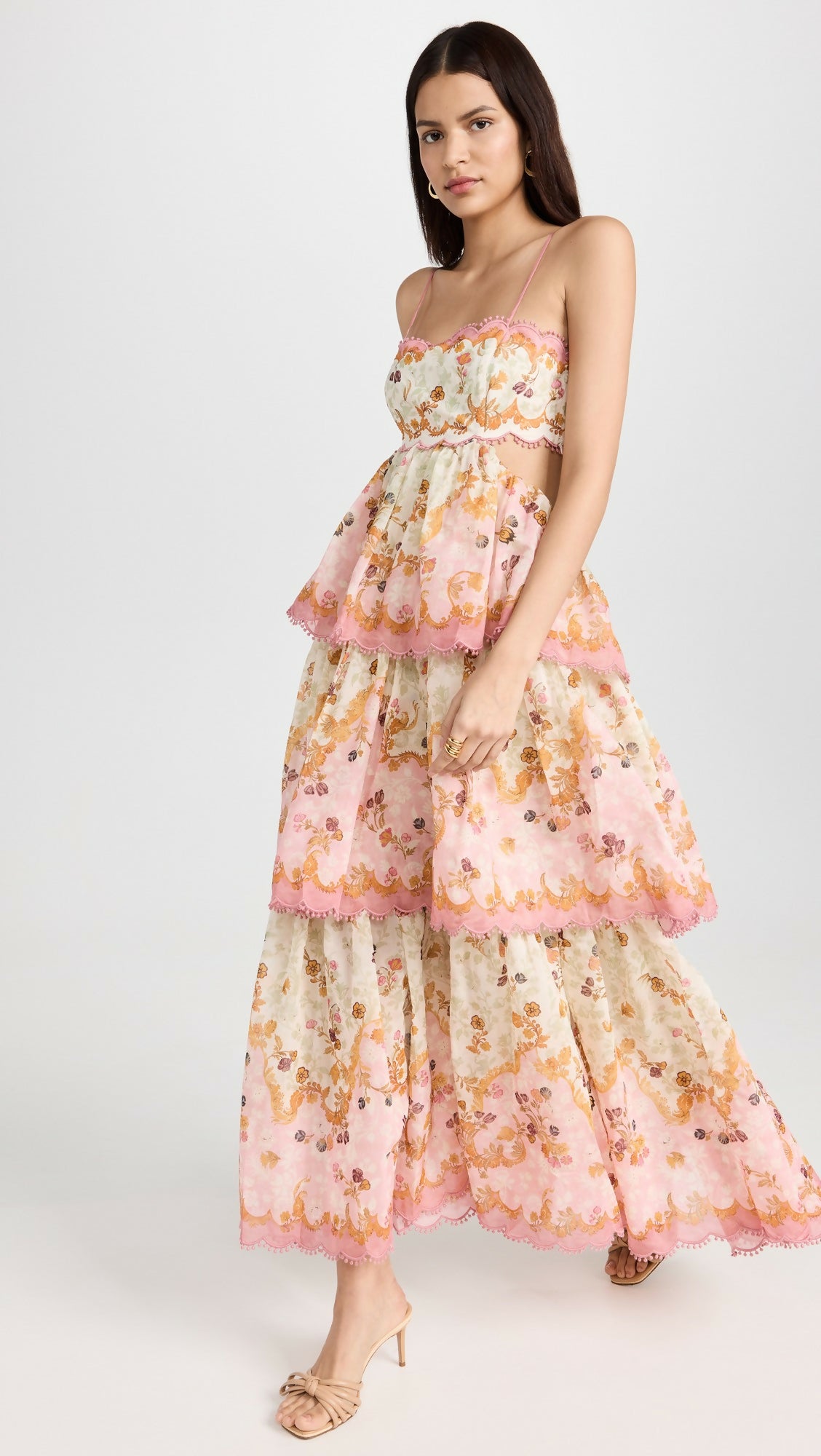 Pink and Cream Floral Print Tiered Maxi Dress