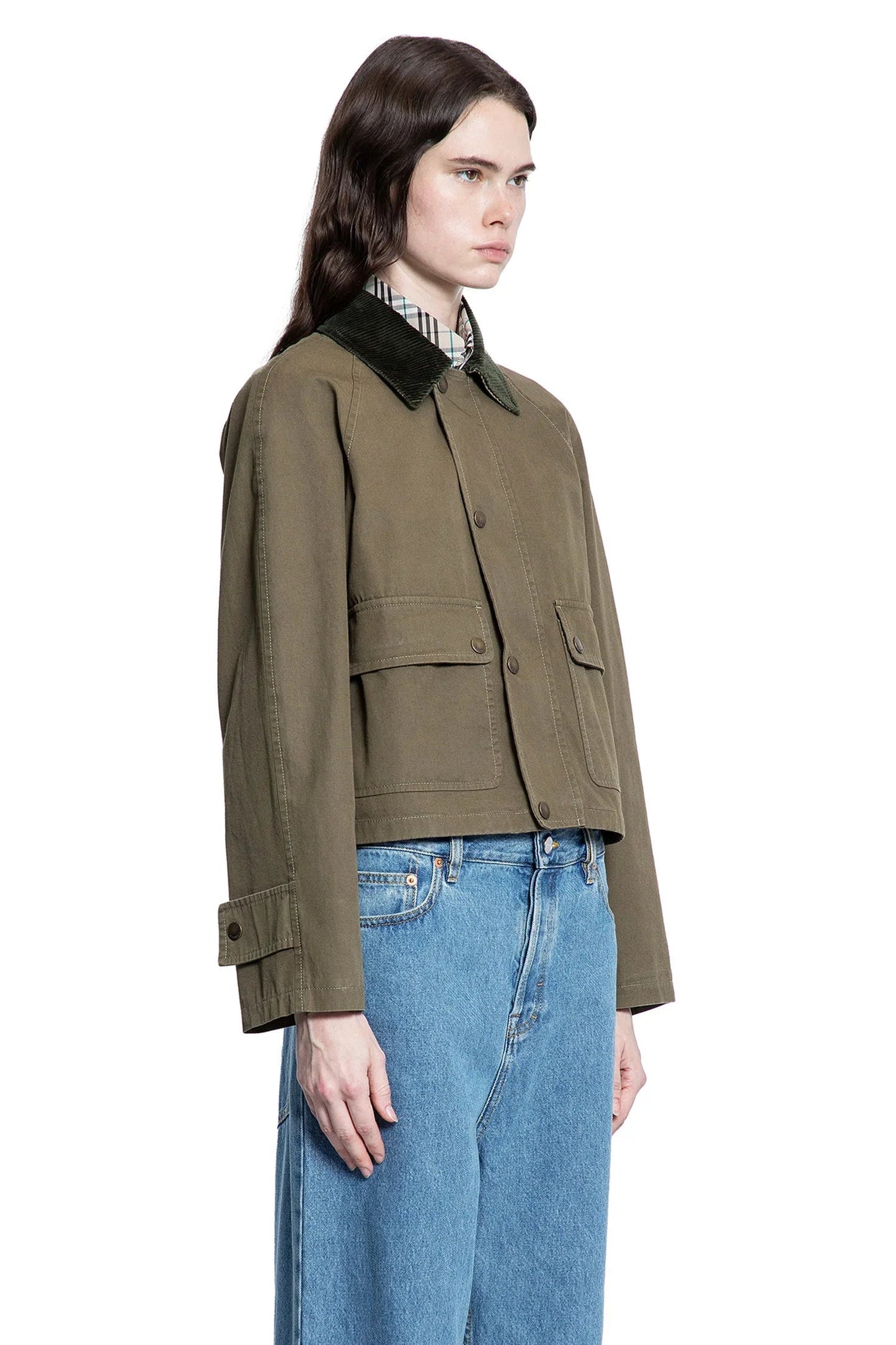 Olive Green Cropped Jacket with Corduroy Collar