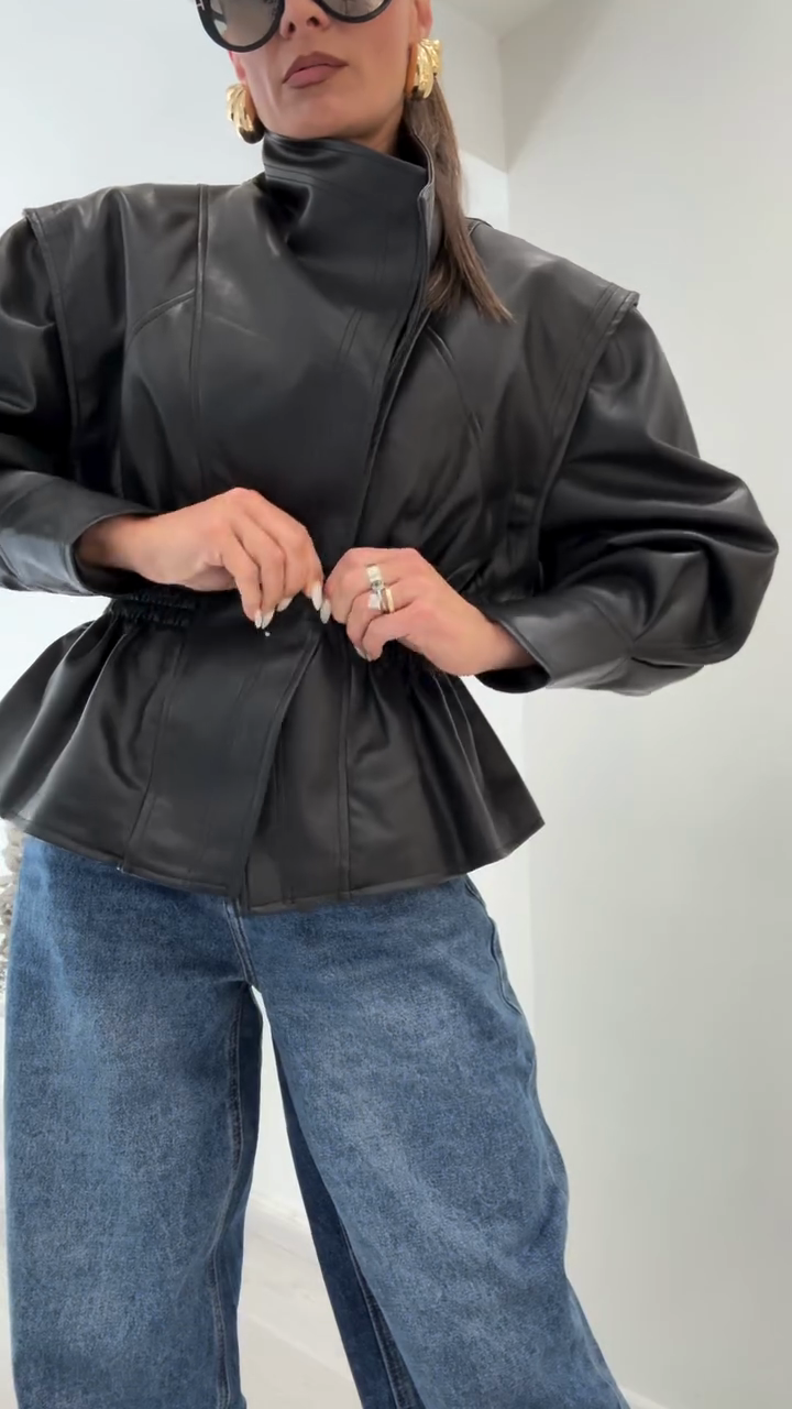 Faux Leather Peplum Jacket with Puff Sleeves