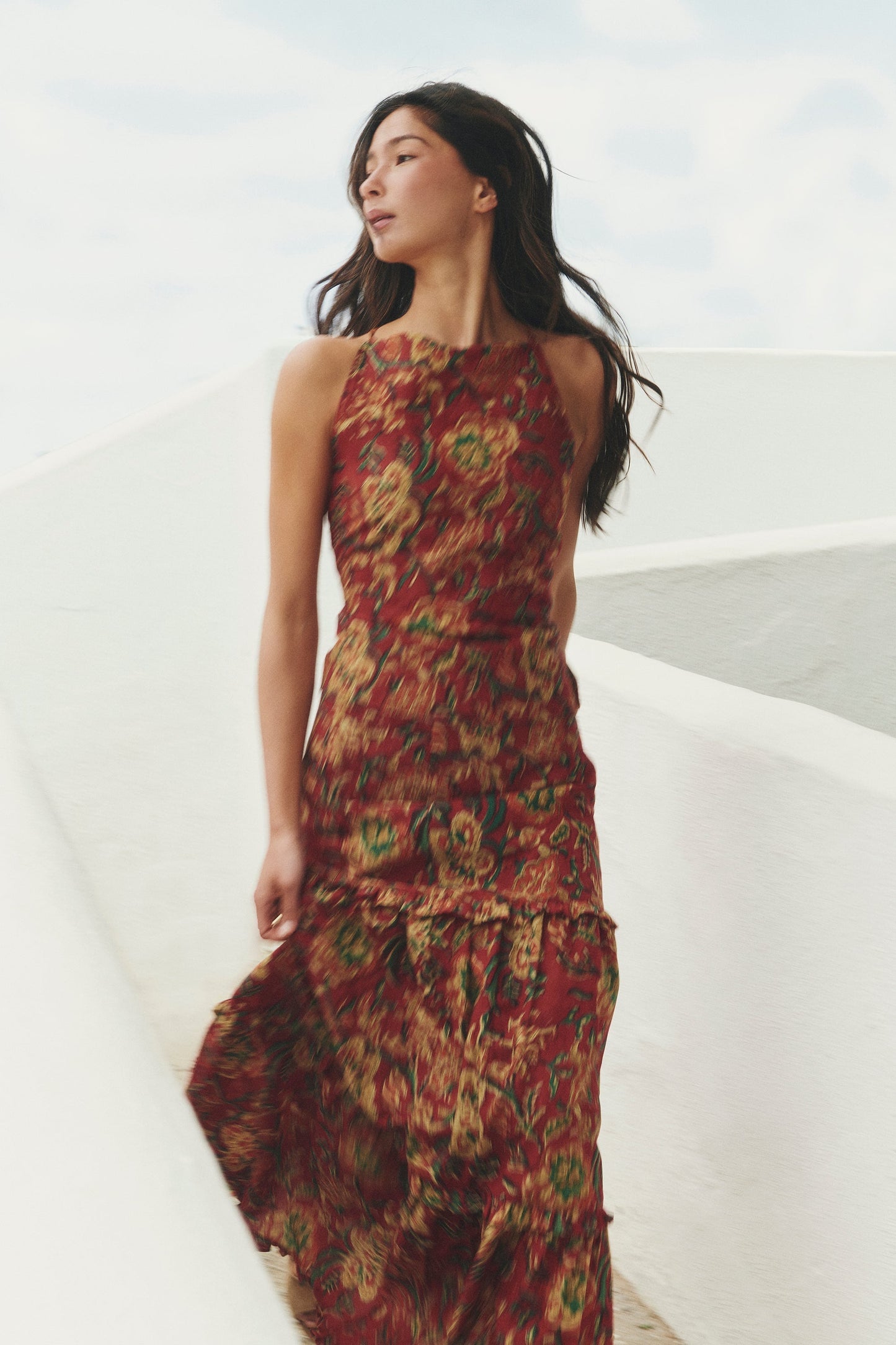Red Floral - Print Halter Maxi Dress