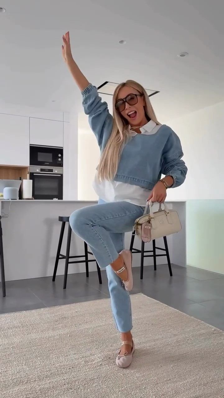 Light Blue Denim Patchwork Shirt Top and Jeans Set