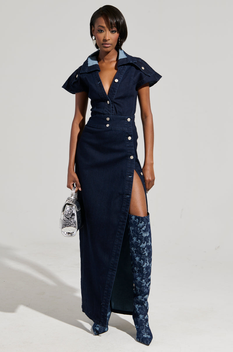 Denim Button-Up Front Slit Maxi Skirt