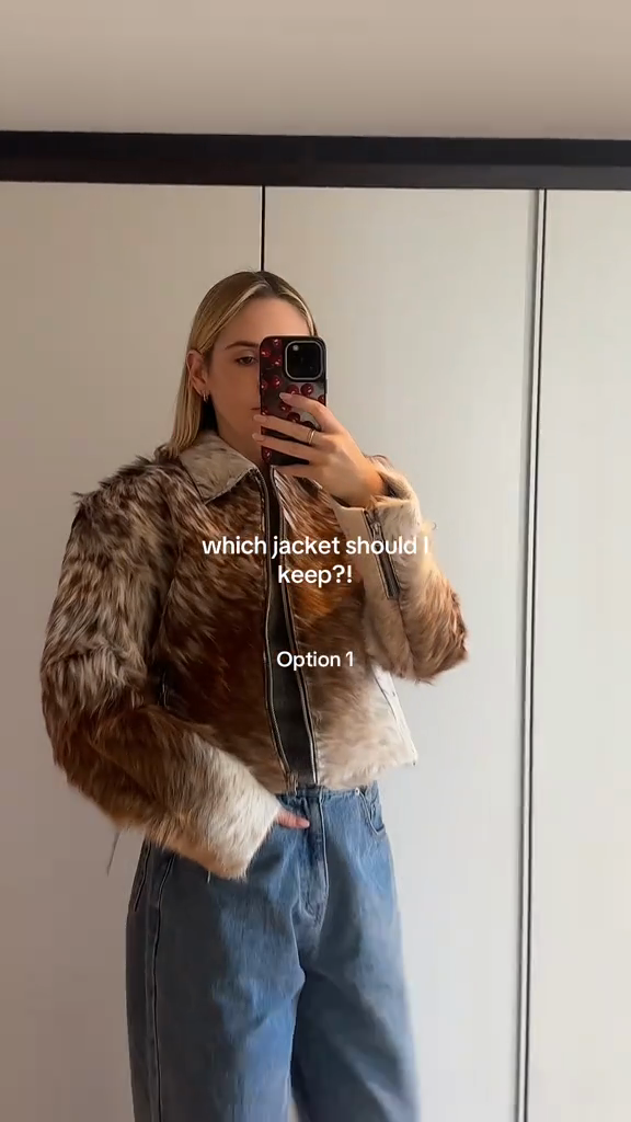 Brown and White Faux Fur Jacket
