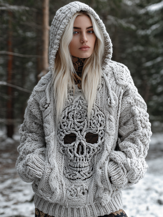 Halloween Skeleton Element Viking Style Women's Hooded Pullover Knit Sweater