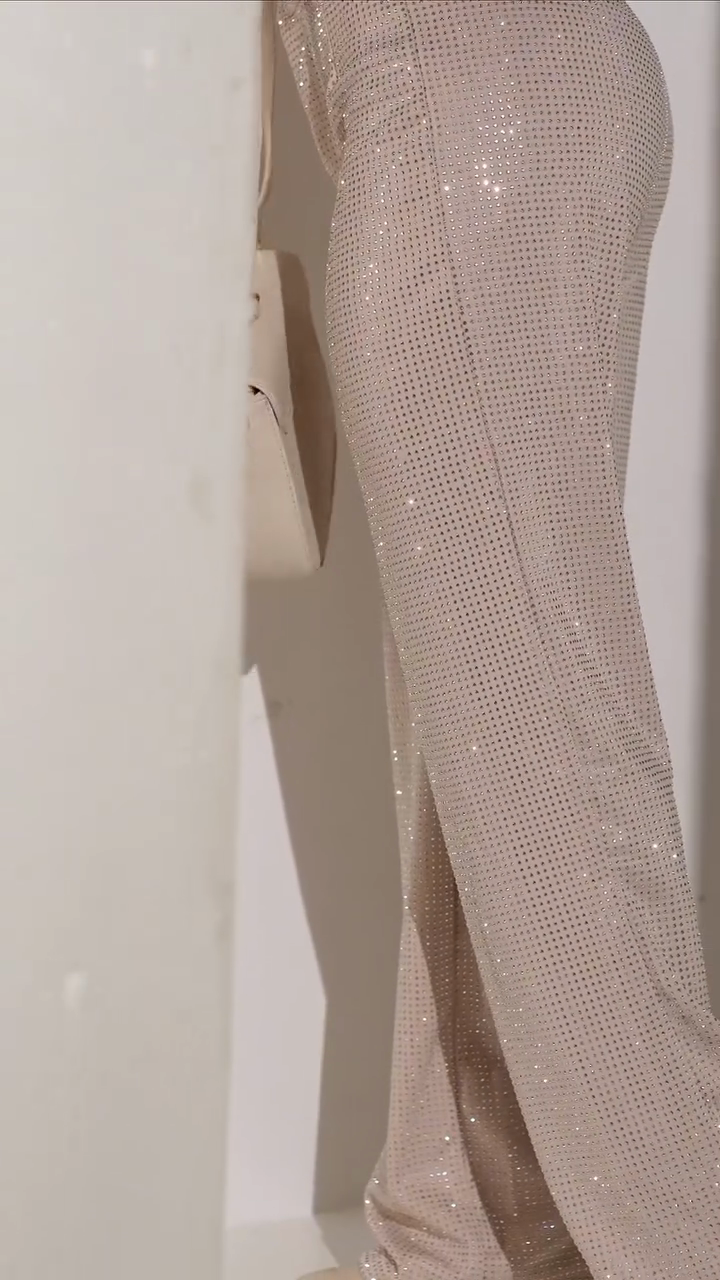 Beige Rhinestone - Embellished Wide - Leg Pants