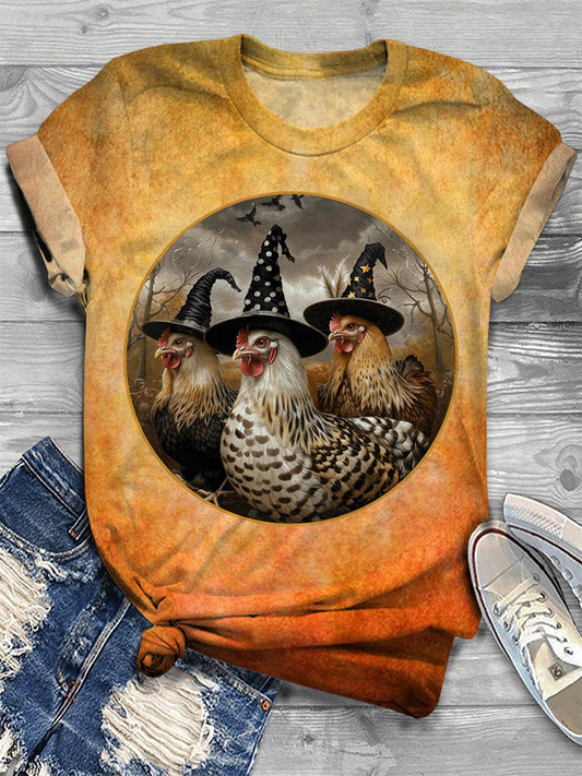 Cute Witch Chicken Crew Neck T-Shirt