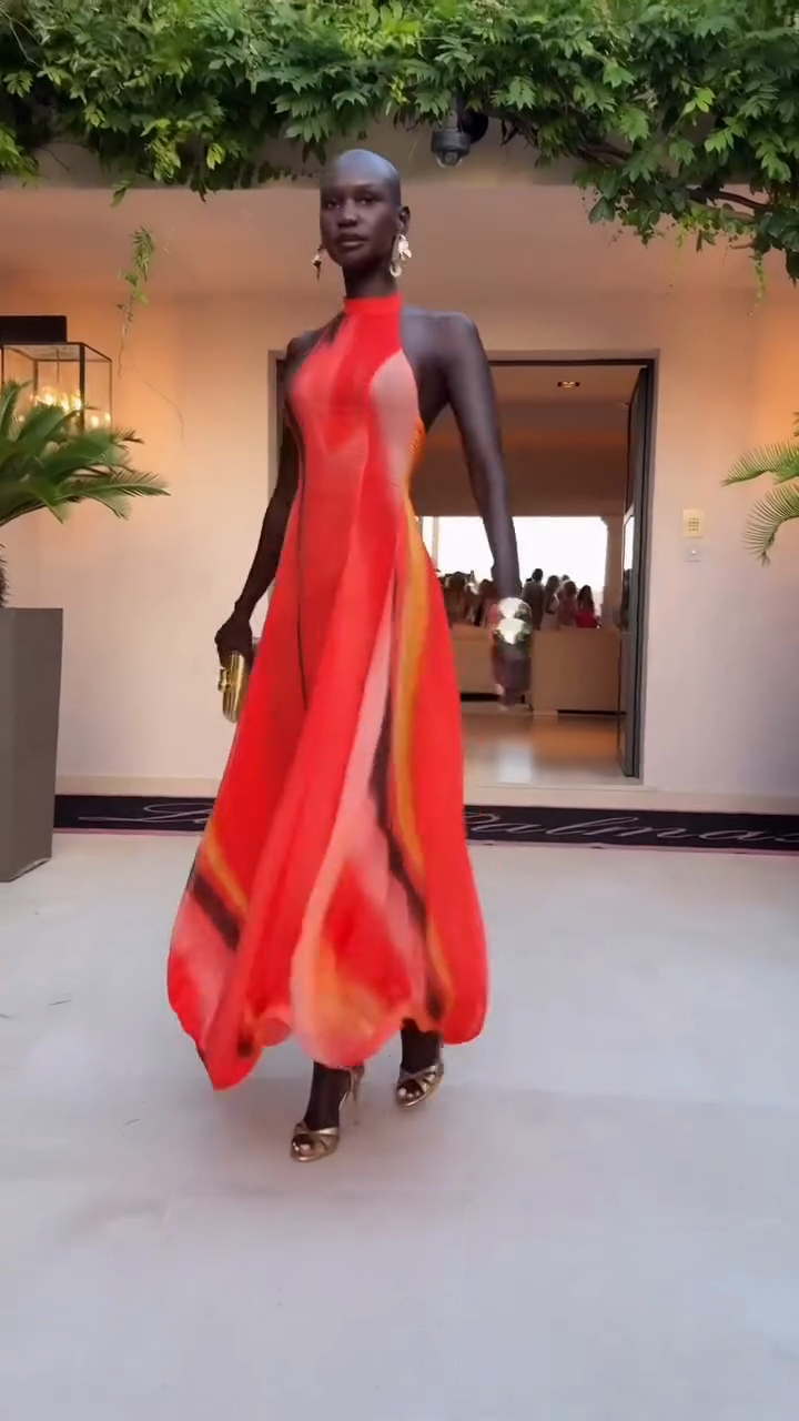 Red Halter Neck Maxi Dress with Abstract Print