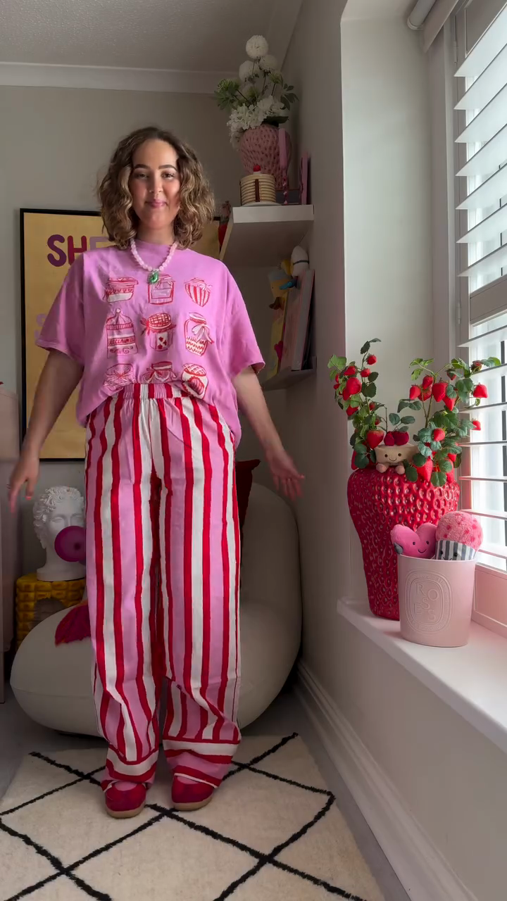 Pink Graphic T - shirt with Red and White Striped Wide - leg Pants Set