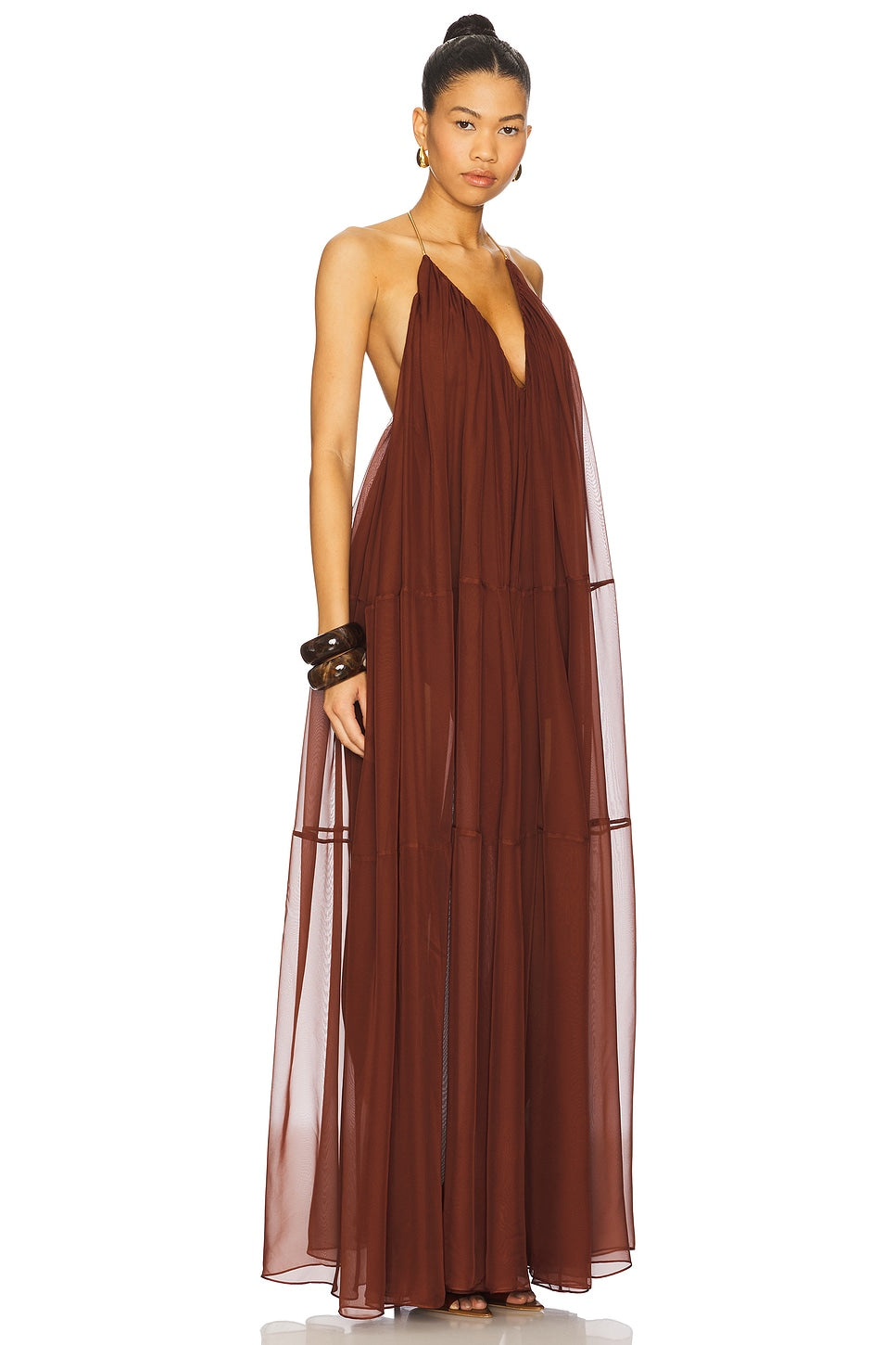 Burgundy Halter V - neck Chiffon Maxi Dress