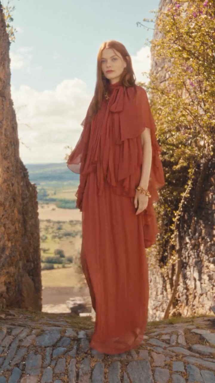 Rusty Pleated Chiffon Maxi Dress