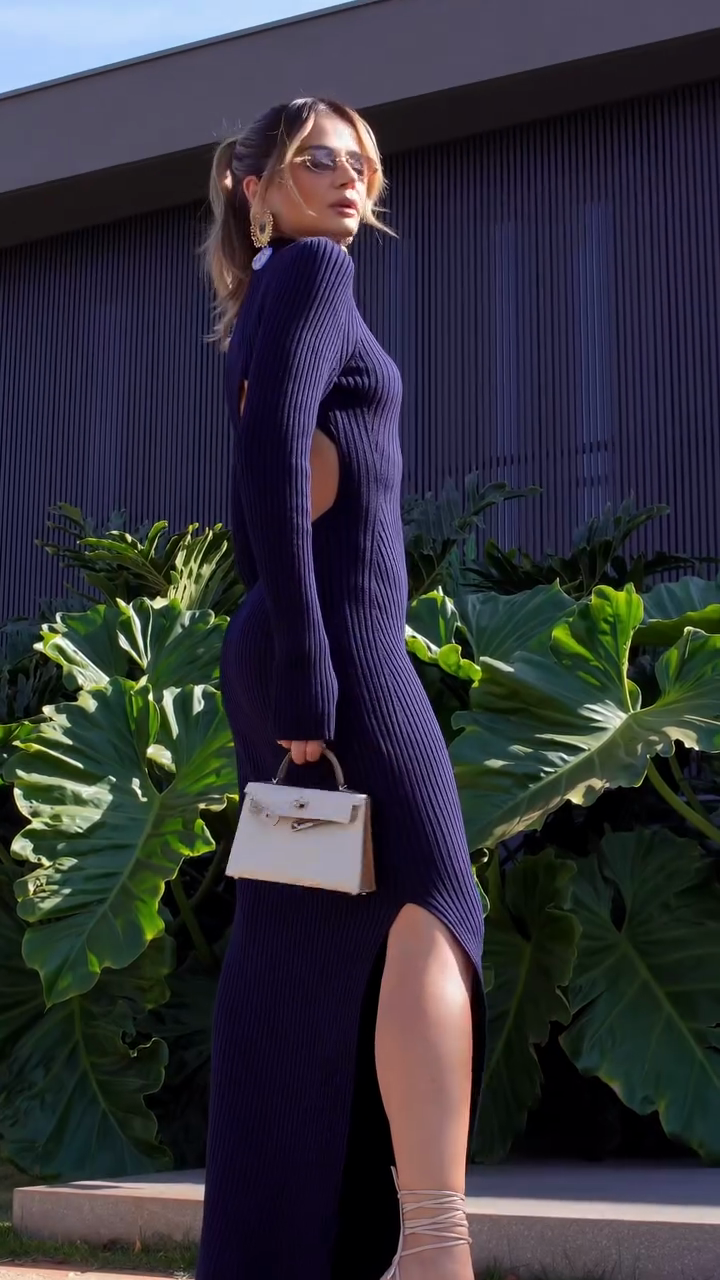 Navy Blue High - neck Ribbed Maxi Dress