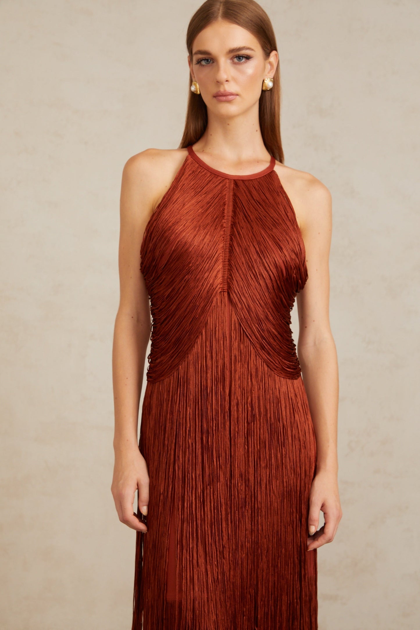 Reddish - Brown Halter Fringe Maxi Dress