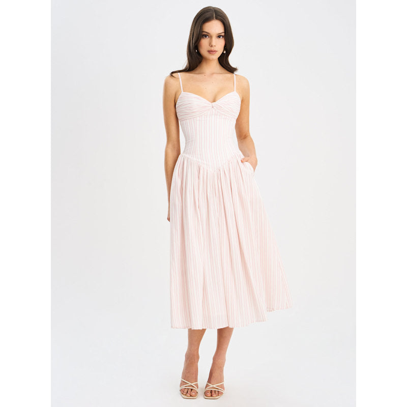 Pink Striped Sweetheart Neck Spaghetti Strap Midi Dress