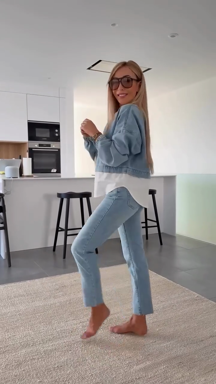 Light Blue Denim Patchwork Shirt Top and Jeans Set