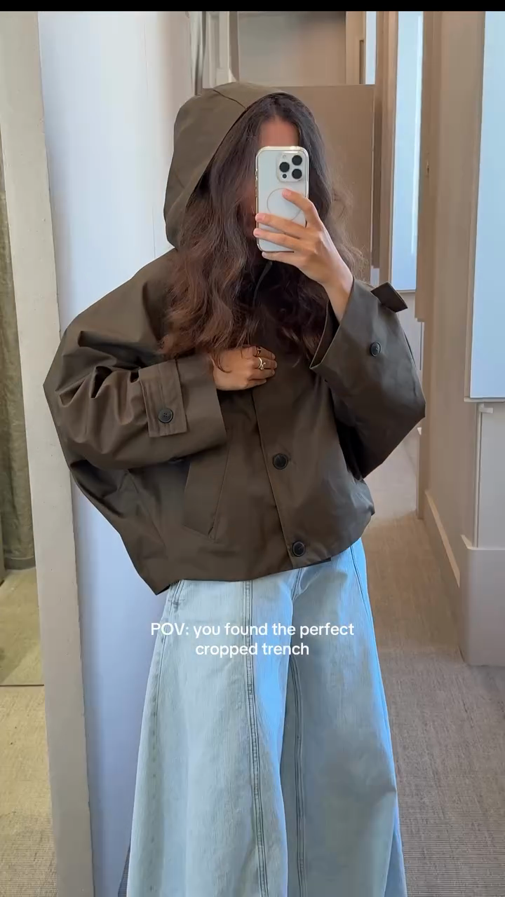 Olive Green Hooded Cropped Trench Coat