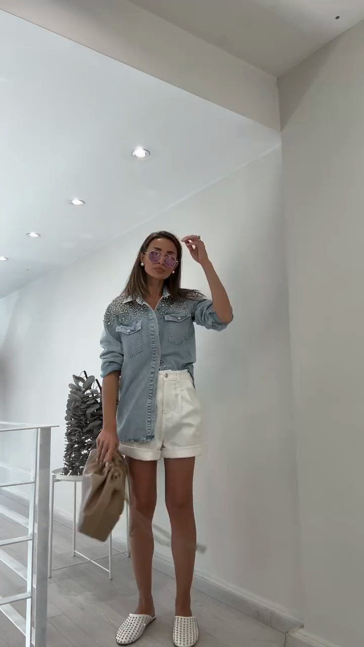 Denim Shirt Jacket with Rhinestone-Embellished Shoulders
