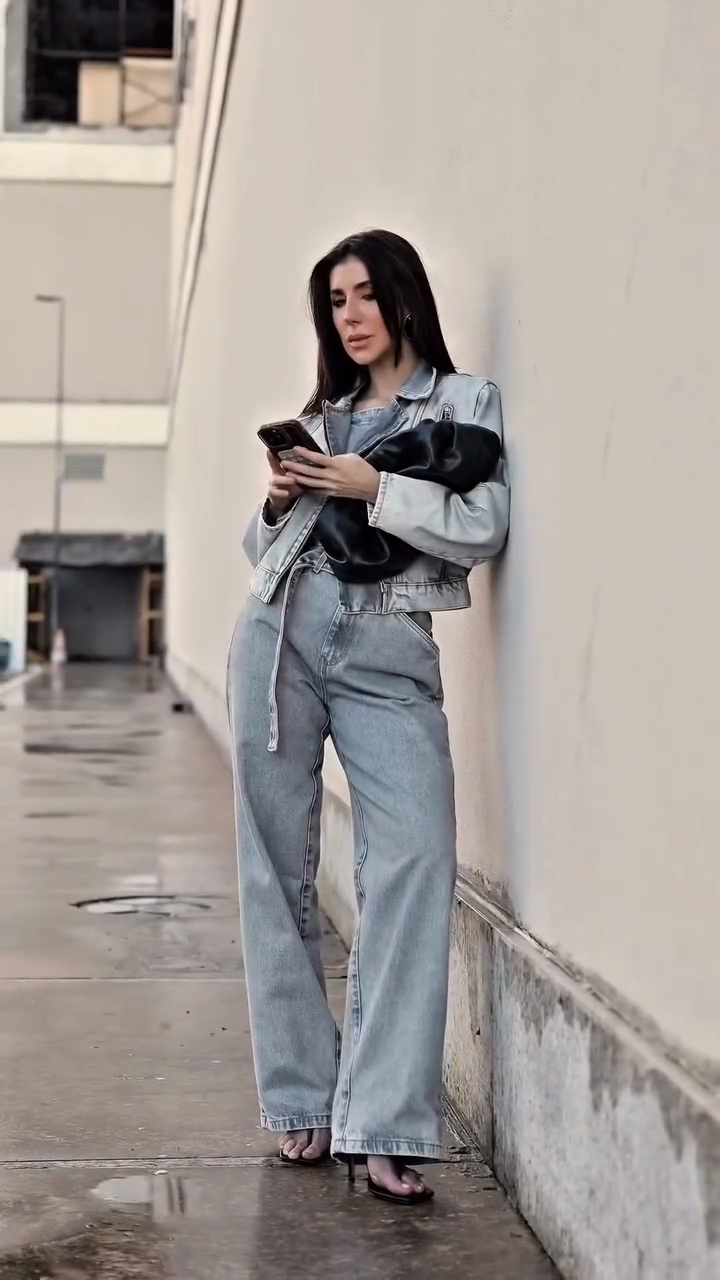 Light Wash Denim Jacket and Wide Leg Jeans Set