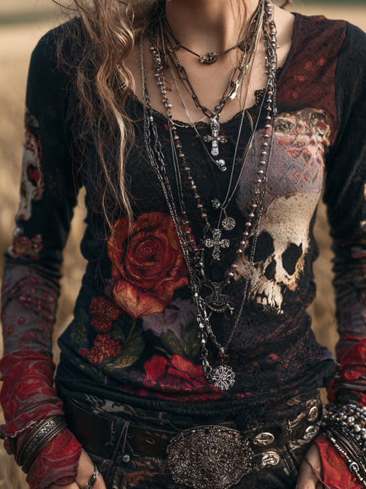 Women's Flower-skull Long-sleeved Black Vintage Top