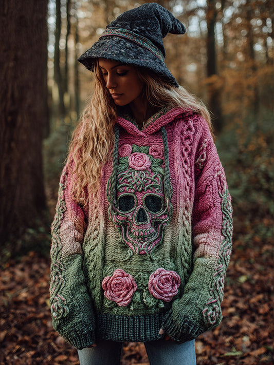Women's Viking Tribal Jacquard Celtic With Rose And Skull Inspired Chunky Knit Hooded Sweater