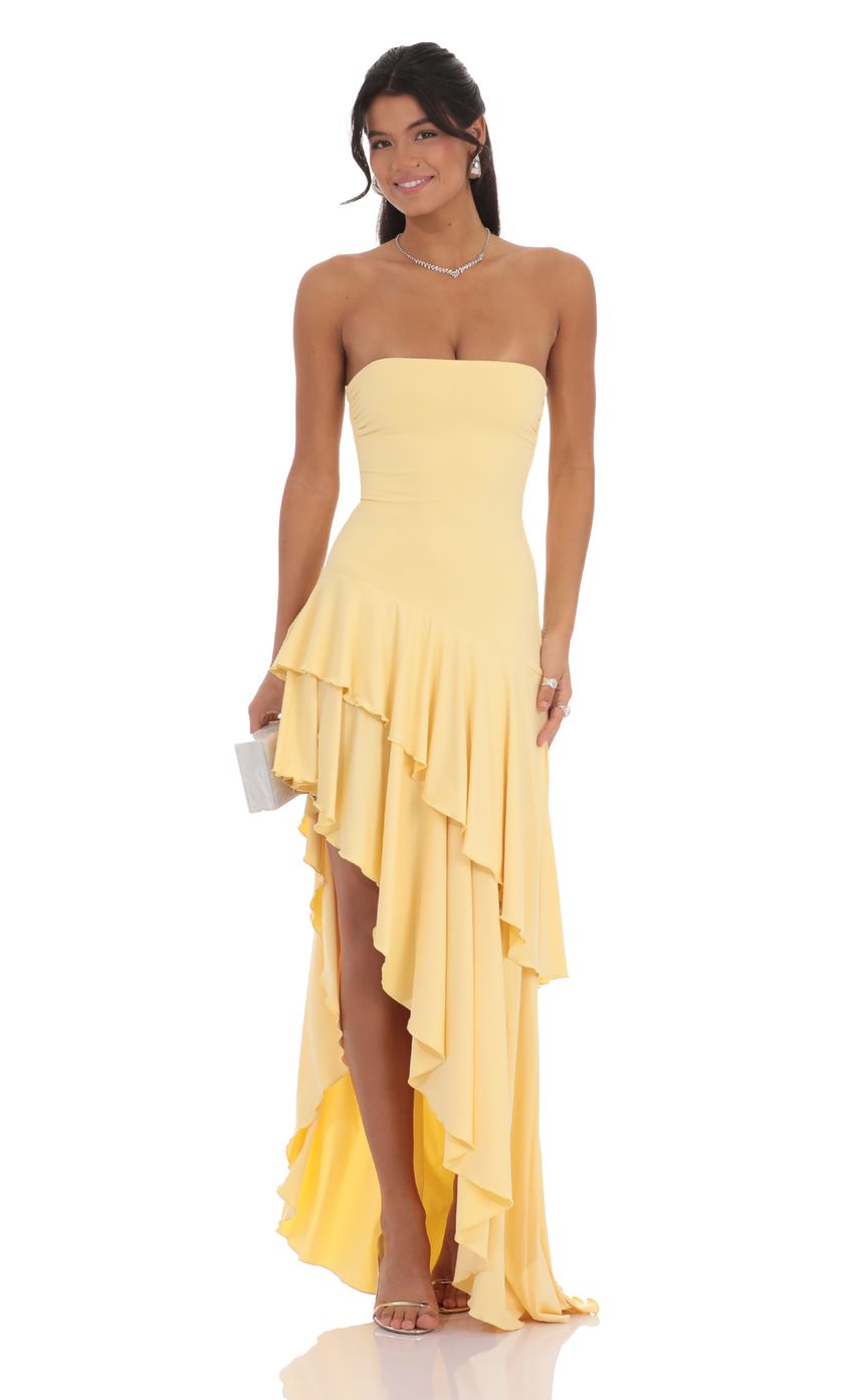 Strapless Ruffle Asymmetrical Maxi Dress