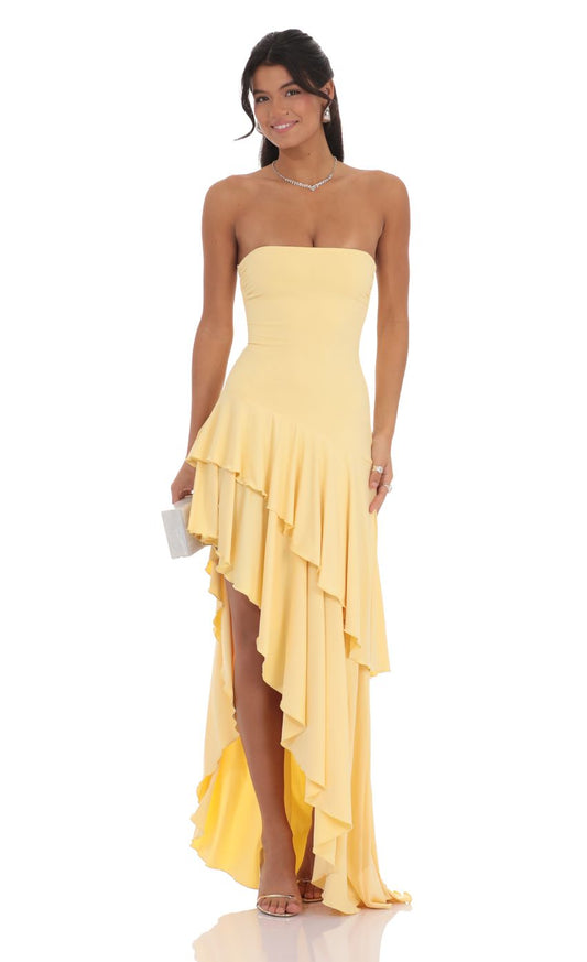 Strapless Ruffle Asymmetrical Maxi Dress