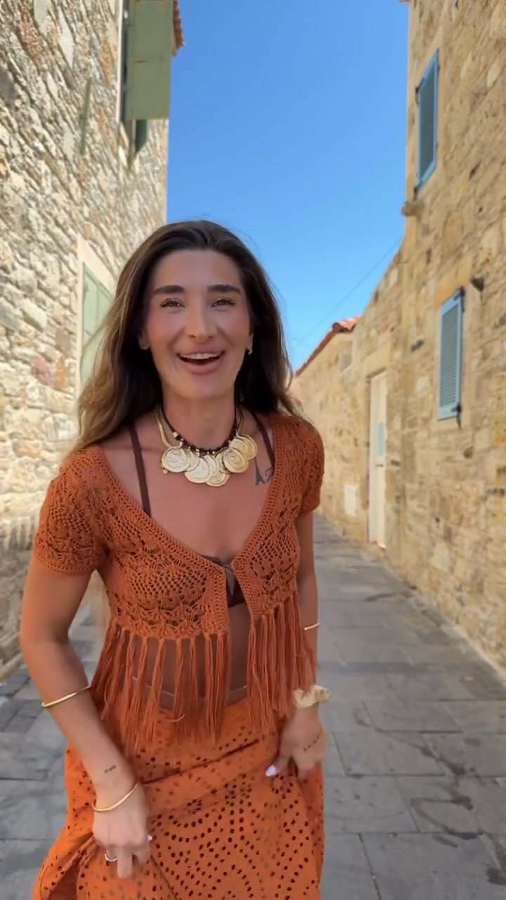 Orange Crochet Fringe Top & Eyelet Skirt Set