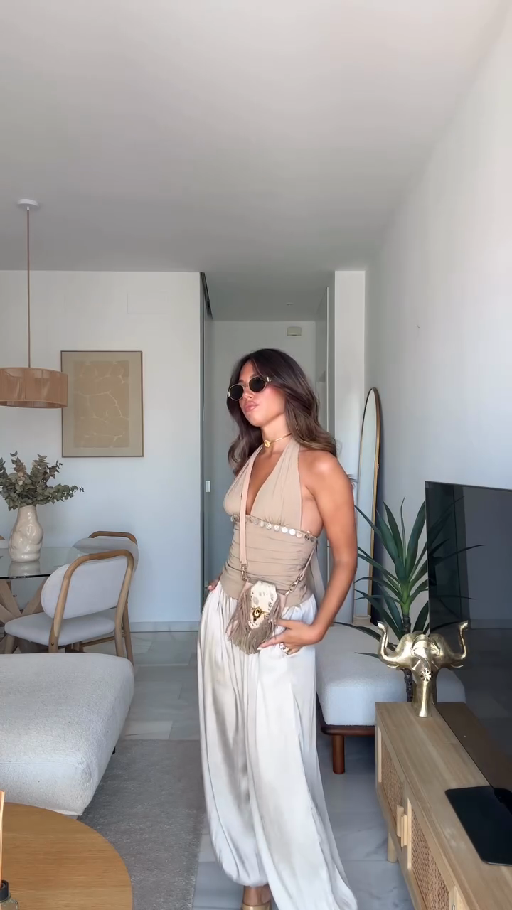 Beige Halter - Neck Top with White Harem Pants