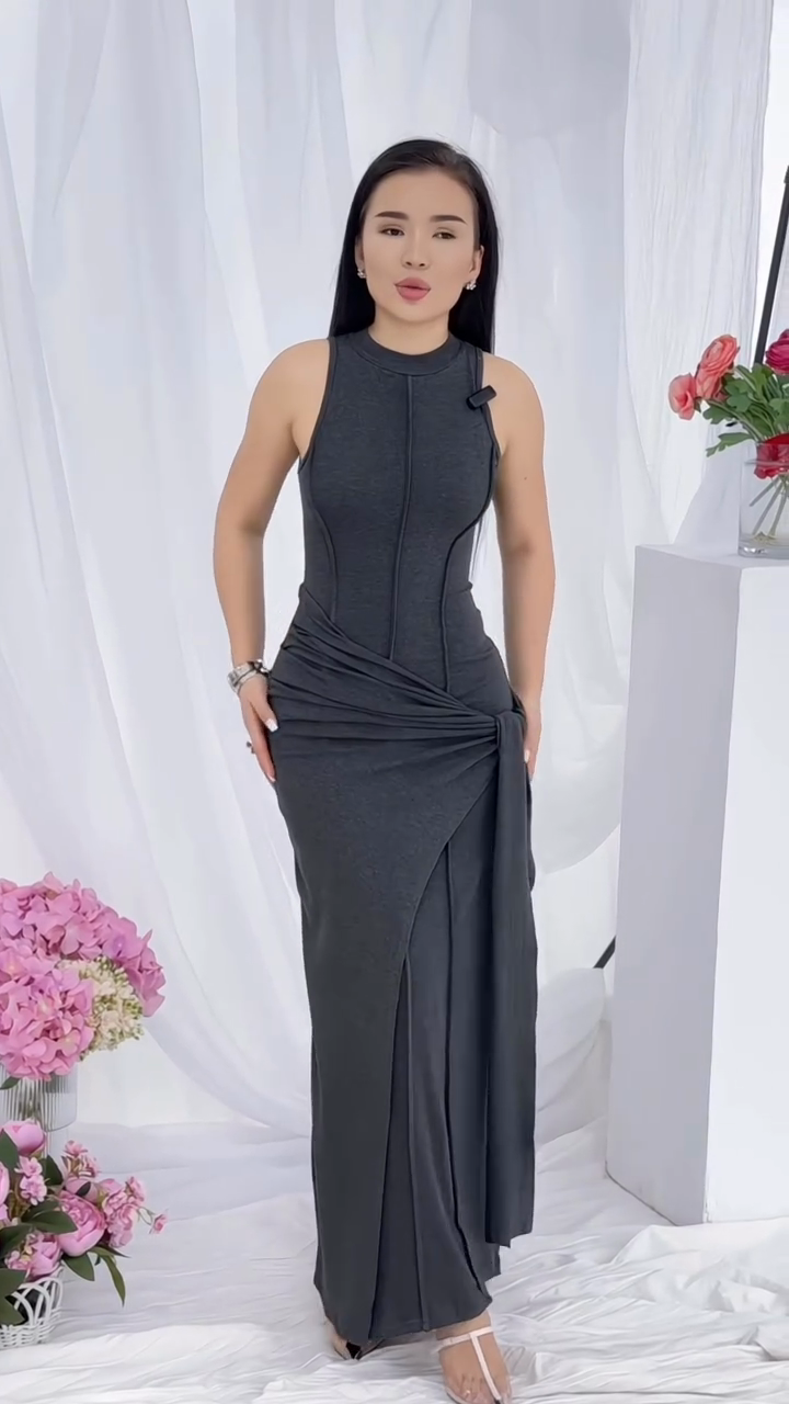 Sleeveless Asymmetric Drape Maxi Dress
