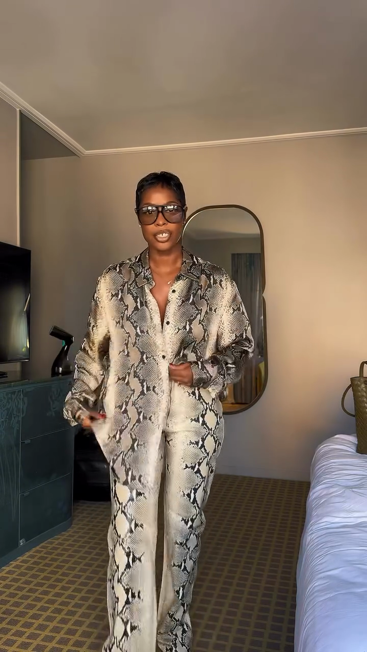 Snakeskin Print Satin Shirt and Pants Set