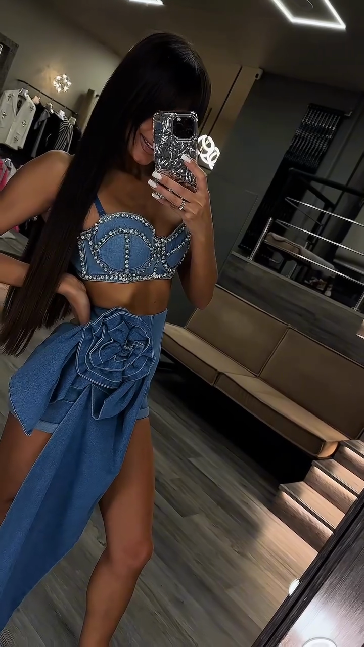 Off the shoulder Cropped Bustier With Rhinestones and Denim Shorts Set