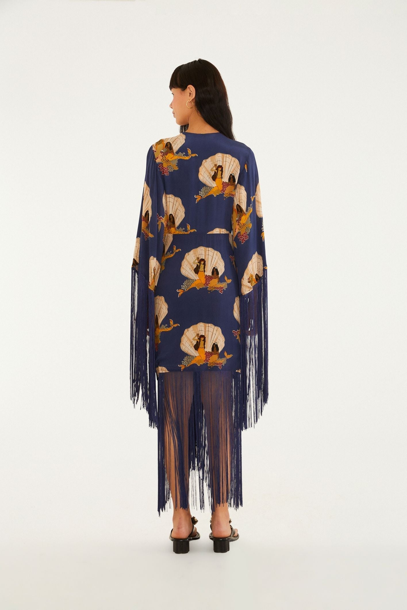 Navy Blue Printed Fringe - Trimmed Wrap Dress