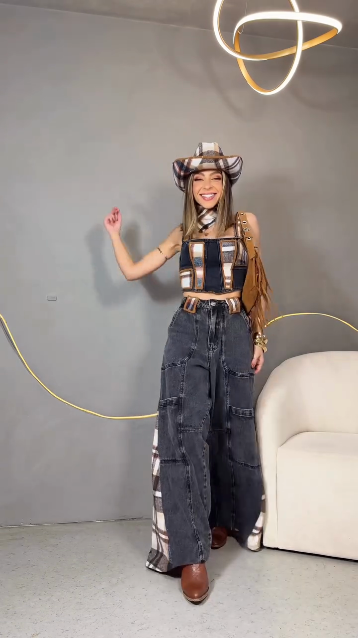 Patchwork Denim Crop Top & Wide - Leg Jeans Set