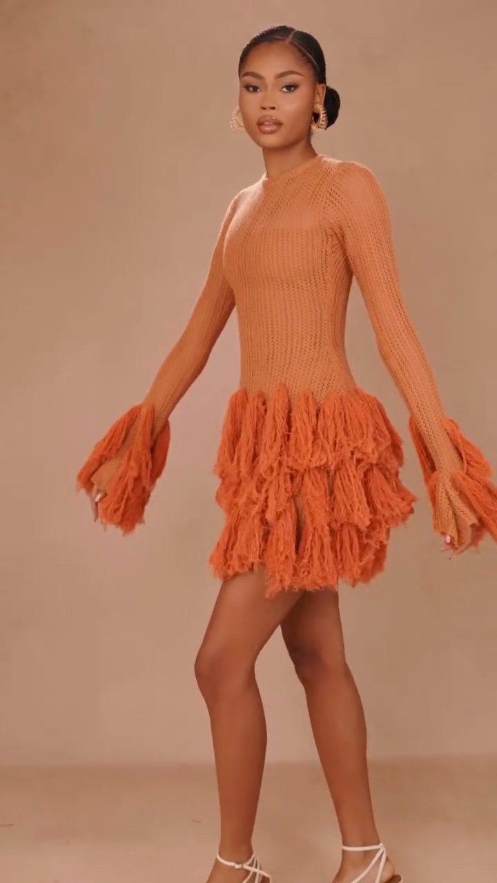 Rust - Colored Knit Fringe Dress