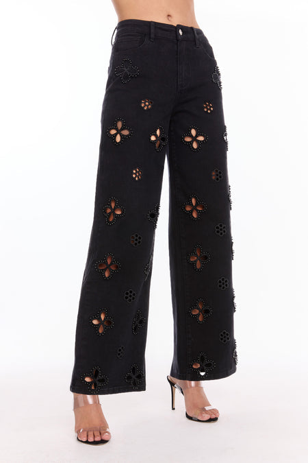 Denim Wide - Leg Jeans with Embellished Cut - Out Floral Details