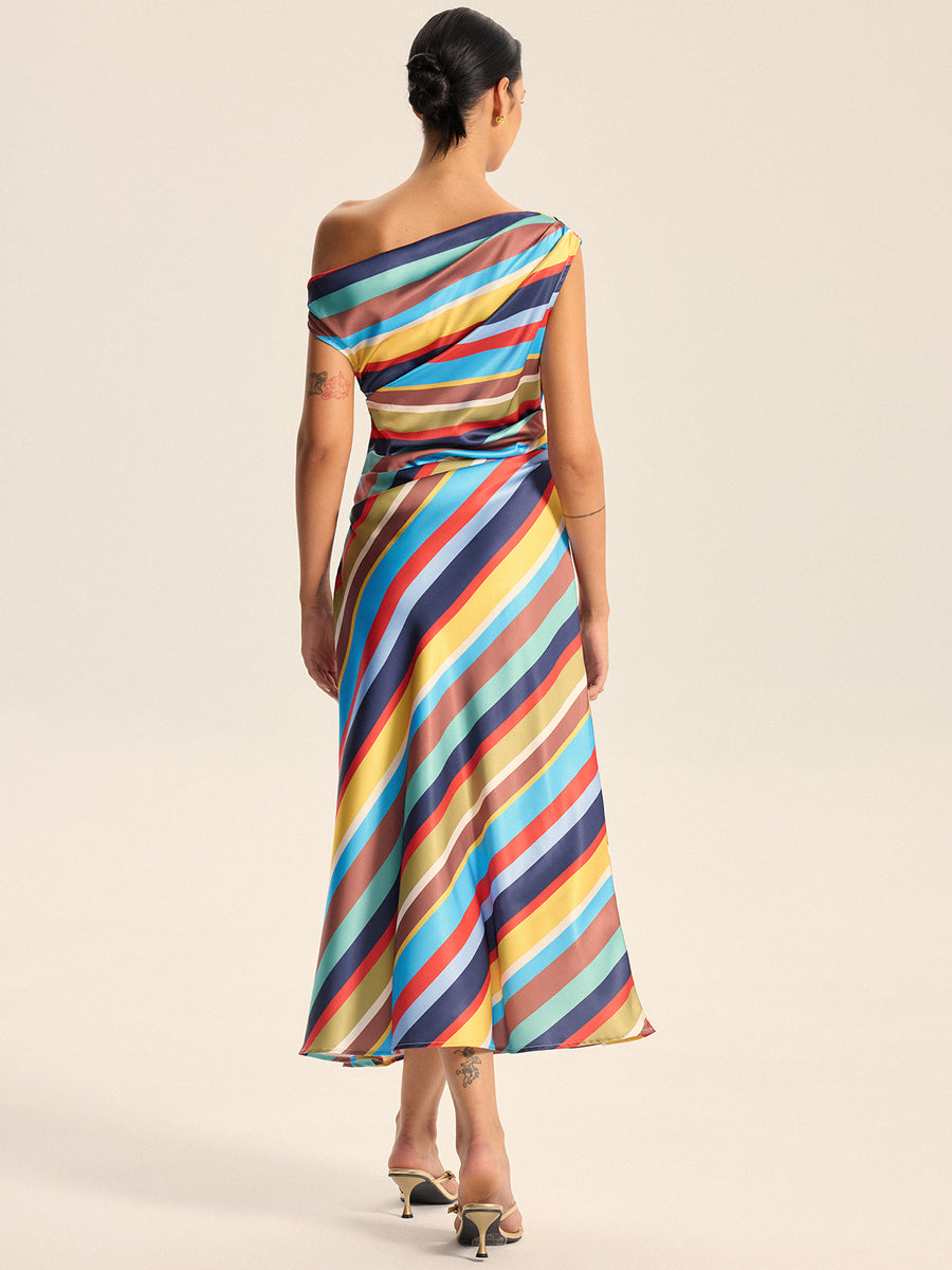 Multicolored Striped Off - the - Shoulder Midi Dress