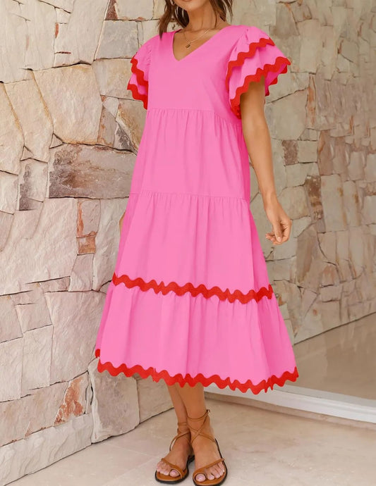 Pink V - neck Tiered Midi Dress with Red Ruffle Trim