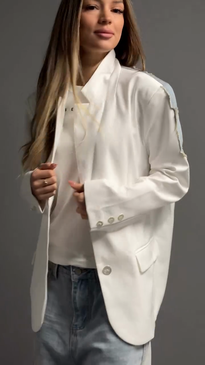 White blazer with denim back detail